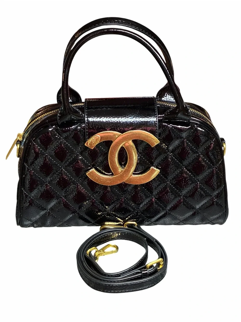 Double C Black Patent Leather Bowler Bag Giant Gold - Tone Metal Logo With Strap